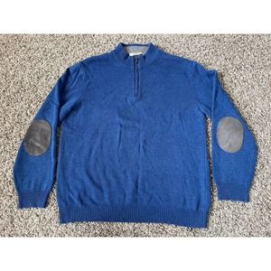 Lorenzoni 1/4 Zip Blue Large Cahmere Wool Blend Pullover Elbow Patches Sweater